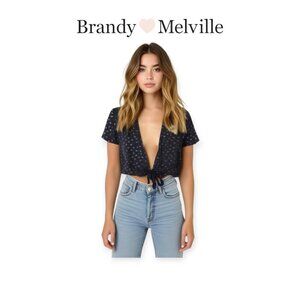 Brandy Melville Floral Tie Front Crop Blouse Navy White Small Summer Top